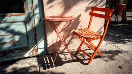 Wooden Folding Chair Stands in Shade Along a Stone Path near Plants and Shutters in Italy