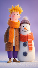 Cute Young Man Hugging a Snowman in Winter &ndash; 3D Render with Purple and Orange Background
