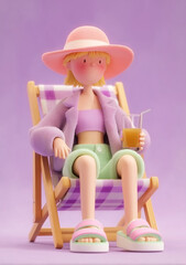 Cute Young Woman Relaxing on a Sun Lounger in Summer Outfit with a Drink &ndash; 3D Render with Purple and Orange Background