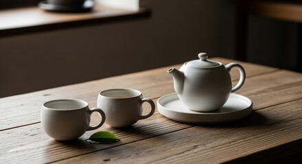 Fototapeta premium Serene Tea Ceremony: White Teapot and Cups on Rustic Wooden Table with Single Green Leaf