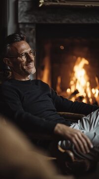 Stylish Man Sitting by Fireplace in Modern Interior &ndash; Cozy Evening Scene
