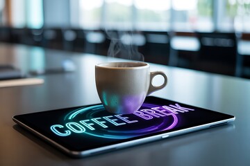 Enjoy a warm coffee break with steaming mug atop tablet displaying vibrant neon "COFFEE BREAK" text
