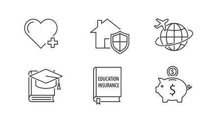 Minimal black outline insurance and finance icons — health, property, travel, education and protection linear icon set for business and web UI