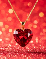 Heart-shaped red gemstone pendant on a gold chain against a red bokeh background