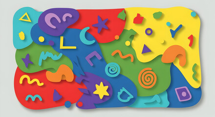 Fototapeta premium Abstract colorful geometric splash composition — bright playful layered shapes, stars and glyphs in multicolor paper-cut style for modern posters, children’s party graphics and creative branding accen