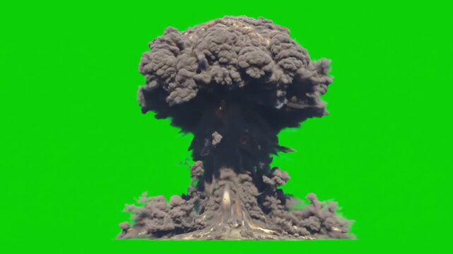 A huge nuclear mushroom cloud explosion, isolated on green screen.