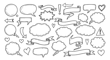 Hand-drawn speech bubbles, comic callouts and doodle icons collection — black ink sketch set with arrows, banners, exclamations and sale tags for comics, social posts and scrapbooking