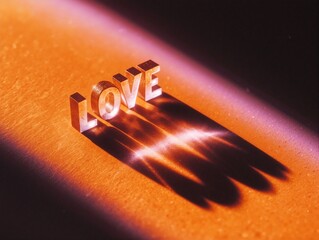 Minimalist typography love concept with bold letters casting dramatic shadows on orange surface, romantic word art, abstract design for Valentine’s Day, modern style, passion and affection