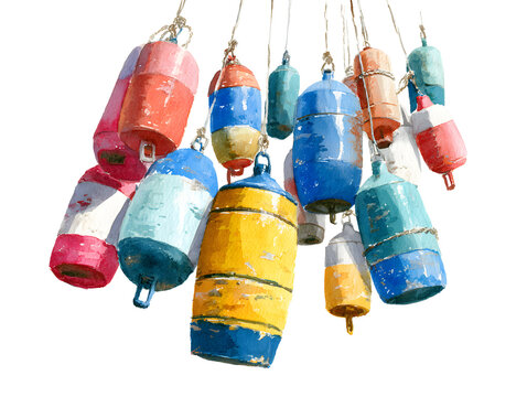 Watercolor Painting of Colorful Lobster Buoys Hanging on White Background - Nautical Art, Maritime Decor, Coastal Theme