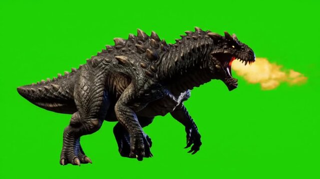 A huge monster roaring loudly with mouth open, isolated on green screen.