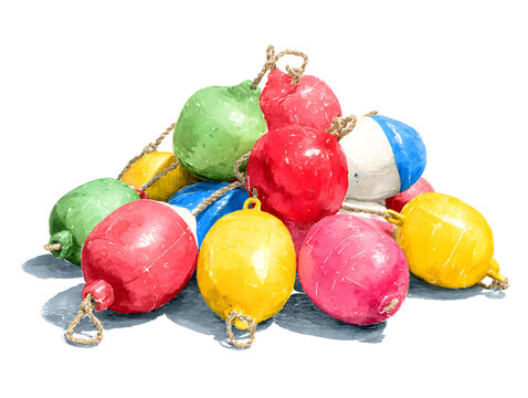 Watercolor Painting of Colorful Fishing Buoys Stacked on White Background - Nautical Art, Coastal Decor, Maritime Theme