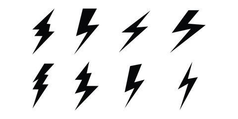  Lightning silhouette set. Black isolated lightning icon on white background. Different shapes vector isolated lightning set. Abstract thunder icon. EPS 10. 