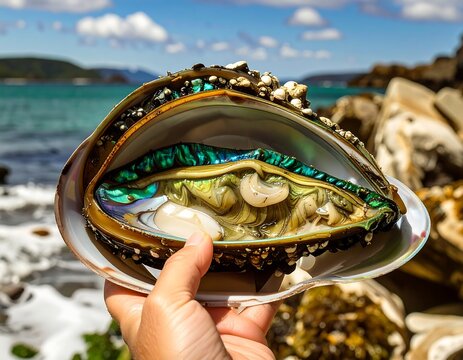 A hand holds an open abalone shell