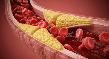Cholesterol plaque buildup is narrowing artery restricting blood flow