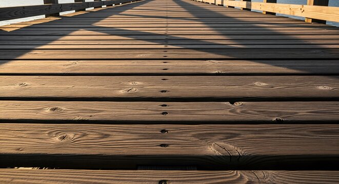 Perspective view capturing the texture and light of a rustic wooden pier's planks.