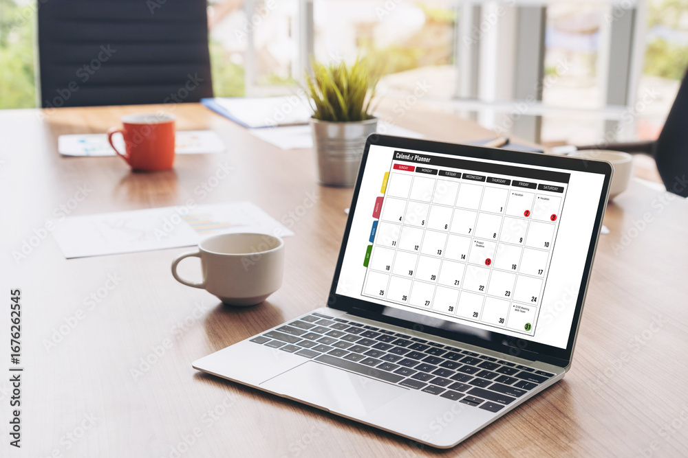 Wall mural calendar on computer software application for modish schedule planning for personal organizer and on