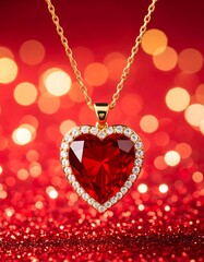 Heart-shaped ruby pendant on gold chain against red bokeh