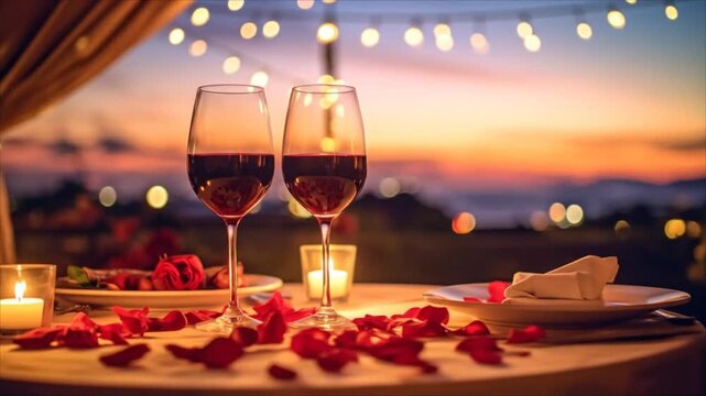 Romantic dinner outdoor setting wine glasses