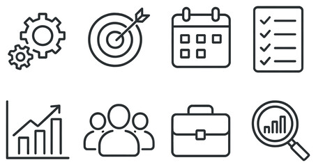 Business dashboard linear icon set. featuring target, calendar, checklist, graph, team, briefcase, magnifying glass