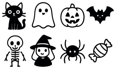 Halloween linear icon set. featuring cat, ghost, pumpkin, bat, skeleton, witch, spider, candy