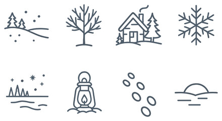 Winter linear icon set. featuring snow, tree, cabin, snowflake, night, lantern, coins, sunrise