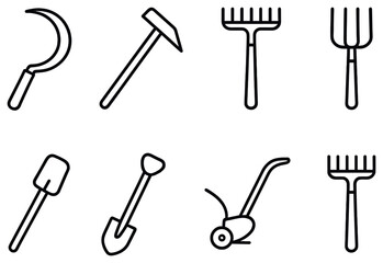 Gardening tools linear icon set. featuring sickle, hammer, rake, pitchfork, spade, trowel, hoe symbols