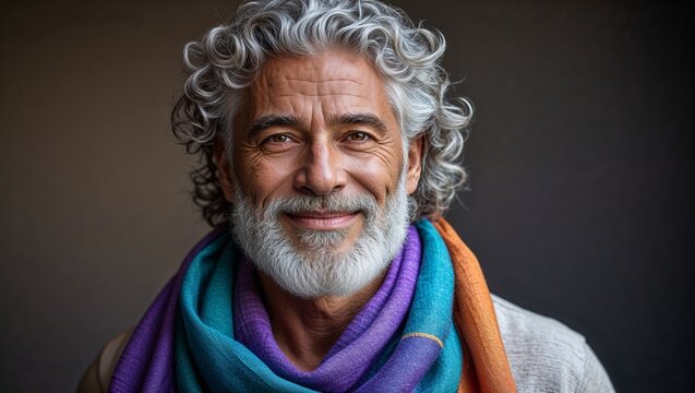 Smiling Senior Man with Curly Gray Hair and Colorful Scarf