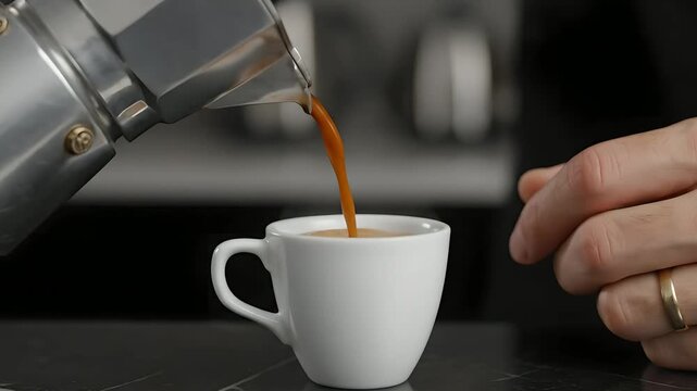 Espresso pours from a Moka pot into a white cup. Perfect for food blogs, coffee guides, cafes, and Italian culture.  Coffee, cafe, aroma, drink, italian tradition.
