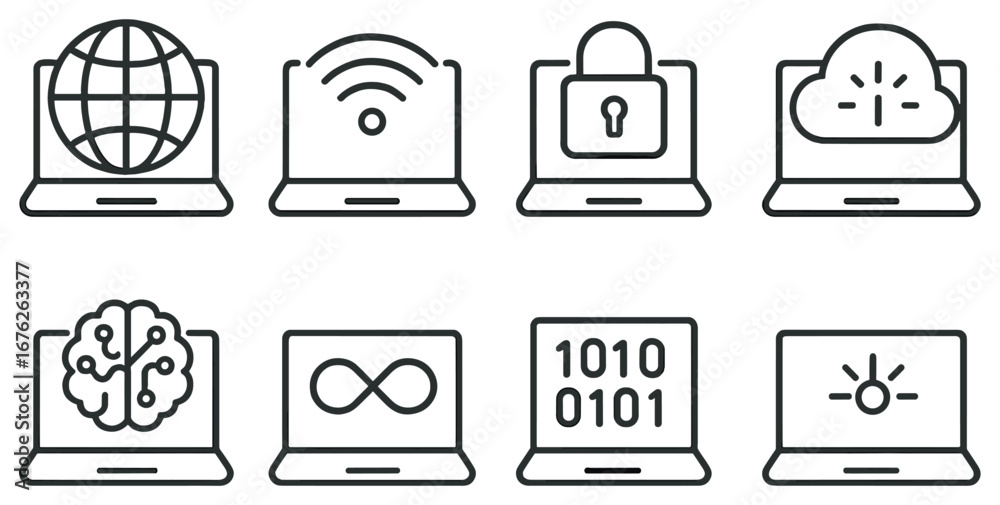 Wall mural technology and security linear icon set. featuring global network, wireless, security, upload, ai, a