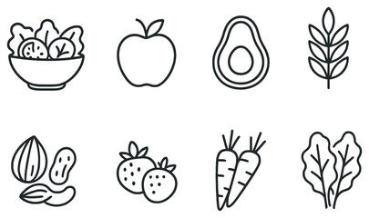 Organic food linear icon set. featuring salad, apple, avocado, wheat, nuts, strawberry, carrot, green leaf