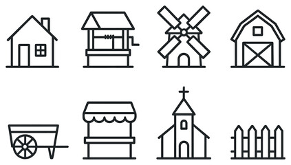 Farm village linear icon set. featuring house, well, windmill, barn, cart, market, church, and fence
