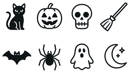 Halloween 3d icon set. featuring cat, pumpkin, skull, broom, bat, spider, ghost, moon