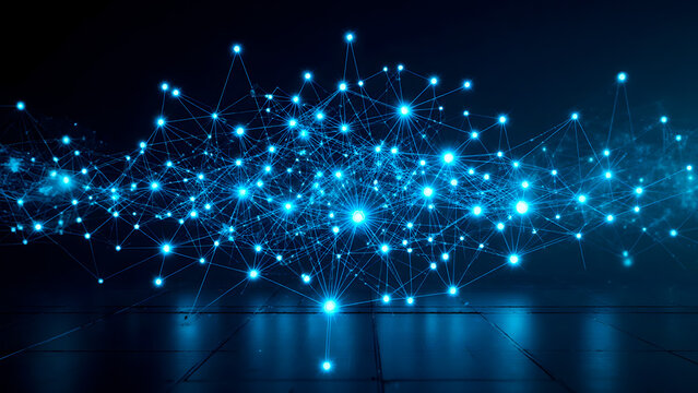 Digital network of connected dots and lines against a dark blue background - Powered by Adobe