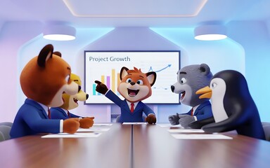 Animated Business Meeting With Animals Presenting Financial Growth Data on a Screen for Corporate Strategy Development and Future Planning