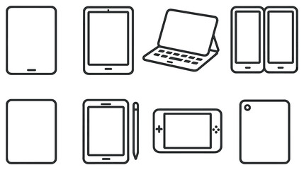 Digital devices linear icon set. featuring tablet, smartphone, laptop, and ebook reader symbols