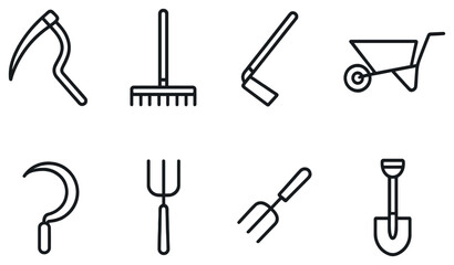 Obraz premium Gardening tools linear icon set. featuring scythe, rake, hoe, wheelbarrow, sickle, pitchfork, and shovel.