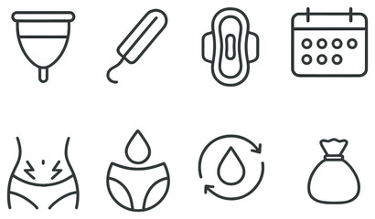 Menstrual cycle linear icon set. featuring cup, tampon, pad, calendar, cramps, underwear, recycling, and bag