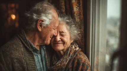 Loving senior couple embraces near window in their home, enjoying a shared moment of happiness and connection