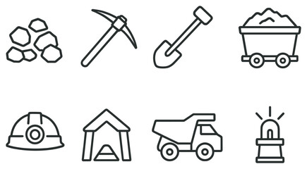 Mining equipment linear icon set. featuring ore, pickaxe, shovel, cart, helmet, tunnel, truck, beacon symbols