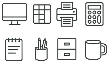 Office essentials linear icons set. featuring computer, spreadsheet, printer, calculator, notepad, pens, cabinet, mug