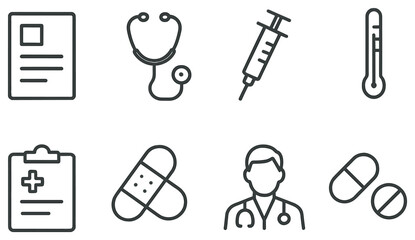 Healthcare linear icon set. featuring document, stethoscope, syringe, thermometer, clipboard, bandage, doctor, pill symbols