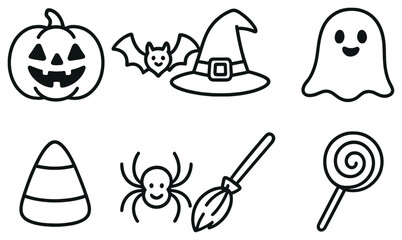 Halloween linear icon set. featuring pumpkin, bat, witch hat, ghost, candy corn, spider, broom, and lollipop