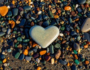 Heart-shaped stone amidst colorful beach pebbles
