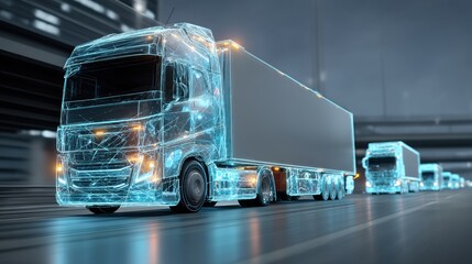 Futuristic transparent truck fleet digital rendering of autonomous vehicles concept for modern logistics and transportation