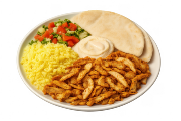 Plate presenting shawarma, hummus, pita bread, rice and salad on transparent background