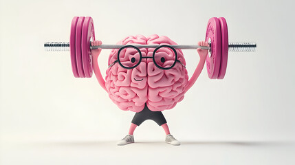 Playful pink brain cartoon lifting weights in fitness concept design