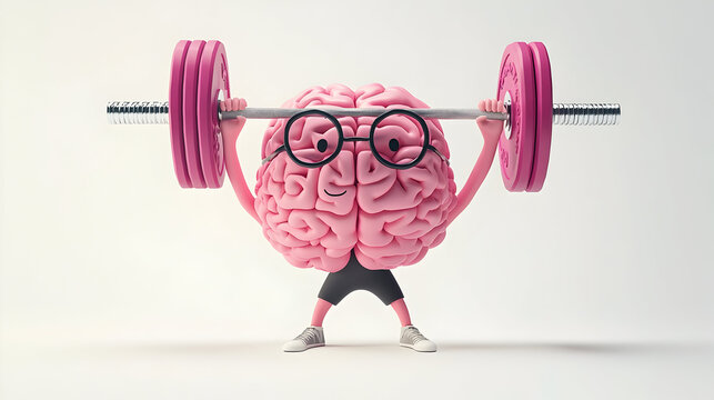 Playful pink brain cartoon lifting weights in fitness concept design - Powered by Adobe