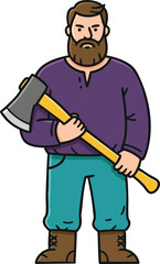 Naklejka premium Bearded man lumberjack holding axe standing firm in casual outdoor clothing vector illustration 