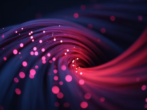 Abstract glowing fiber optic cables swirling in a vortex technology background with bokeh lights