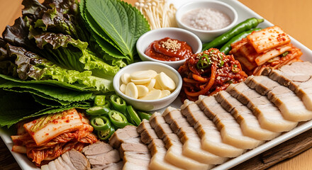 Traditional Korean Bossam platter with fresh vegetables, kimchi, and various dipping sauces.